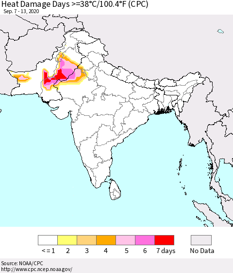 Southern Asia Heat Damage Days >=38°C/100°F (CPC) Thematic Map For 9/7/2020 - 9/13/2020