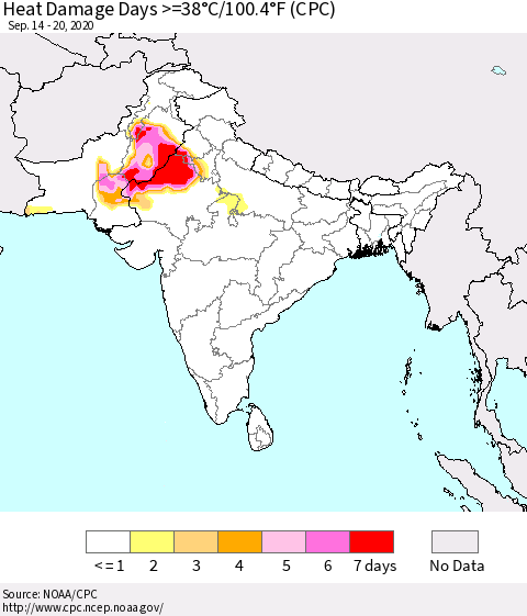Southern Asia Heat Damage Days >=38°C/100°F (CPC) Thematic Map For 9/14/2020 - 9/20/2020