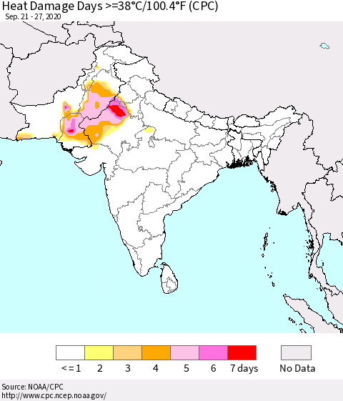 Southern Asia Heat Damage Days >=38°C/100.4°F (CPC) Thematic Map For 9/21/2020 - 9/27/2020