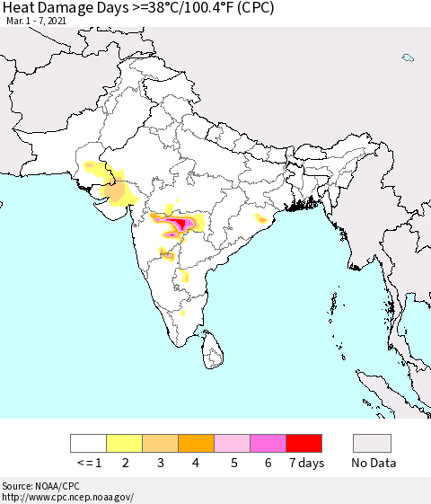 Southern Asia Heat Damage Days >=38°C/100°F (CPC) Thematic Map For 3/1/2021 - 3/7/2021