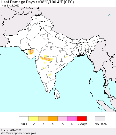 Southern Asia Heat Damage Days >=38°C/100°F (CPC) Thematic Map For 3/8/2021 - 3/14/2021