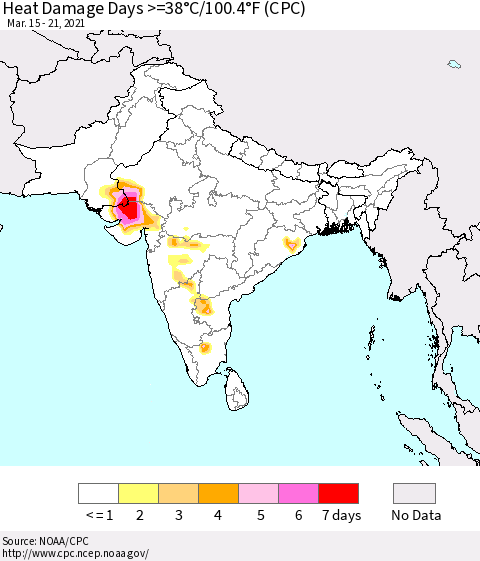 Southern Asia Heat Damage Days >=38°C/100°F (CPC) Thematic Map For 3/15/2021 - 3/21/2021
