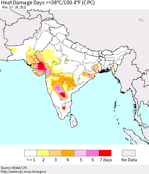 Southern Asia Heat Damage Days >=38°C/100°F (CPC) Thematic Map For 3/22/2021 - 3/28/2021