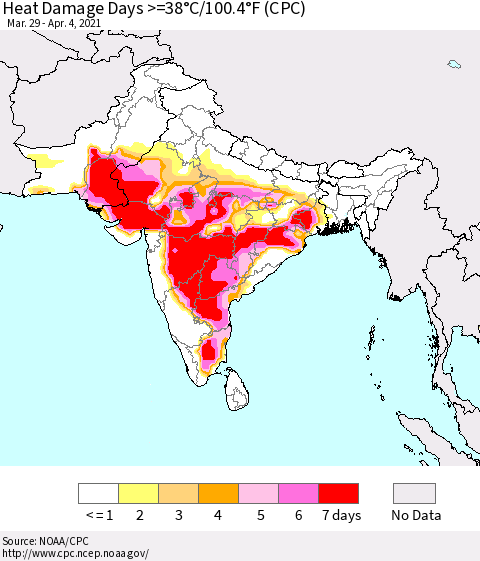Southern Asia Heat Damage Days >=38°C/100°F (CPC) Thematic Map For 3/29/2021 - 4/4/2021