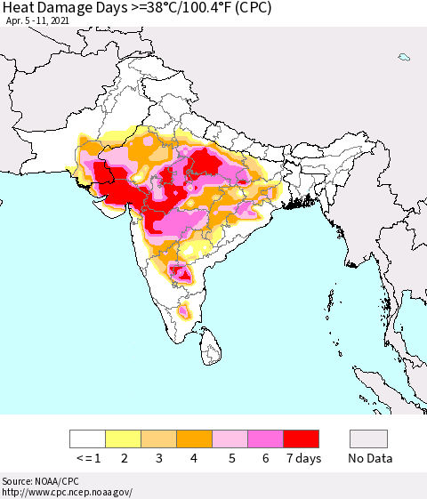 Southern Asia Heat Damage Days >=38°C/100°F (CPC) Thematic Map For 4/5/2021 - 4/11/2021