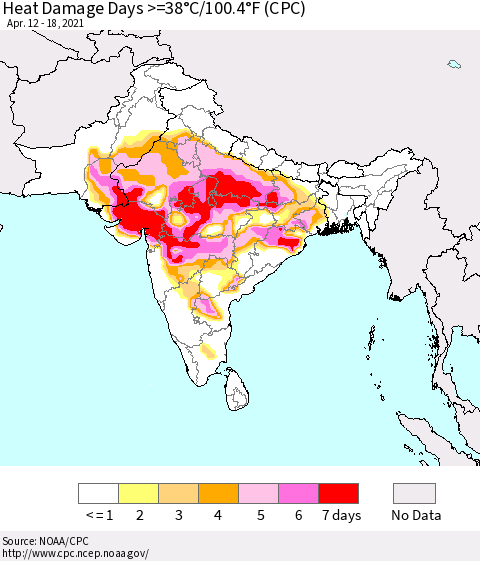Southern Asia Heat Damage Days >=38°C/100°F (CPC) Thematic Map For 4/12/2021 - 4/18/2021