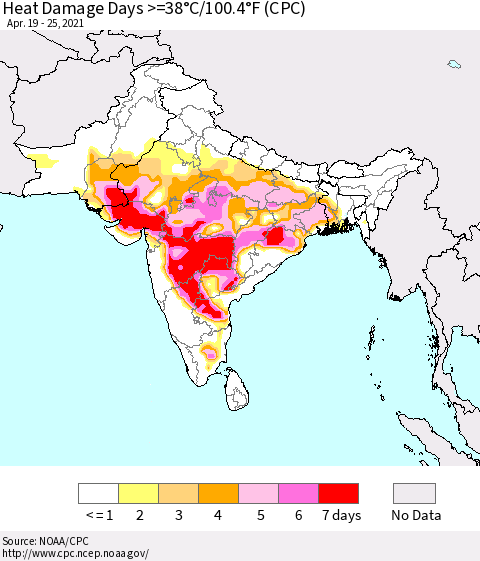 Southern Asia Heat Damage Days >=38°C/100°F (CPC) Thematic Map For 4/19/2021 - 4/25/2021