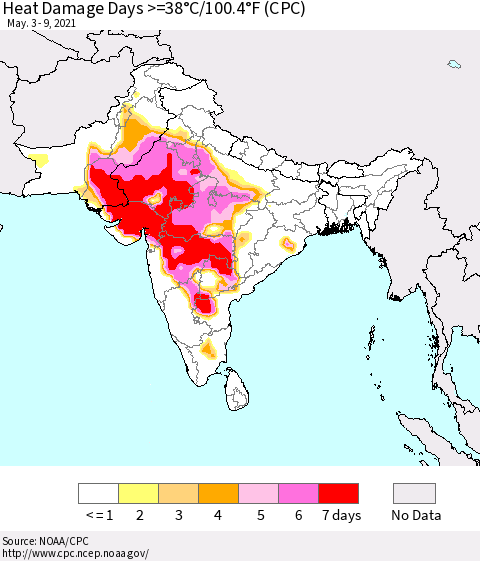 Southern Asia Heat Damage Days >=38°C/100°F (CPC) Thematic Map For 5/3/2021 - 5/9/2021