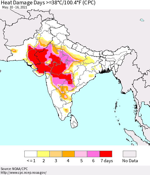 Southern Asia Heat Damage Days >=38°C/100°F (CPC) Thematic Map For 5/10/2021 - 5/16/2021