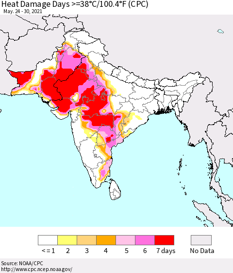 Southern Asia Heat Damage Days >=38°C/100°F (CPC) Thematic Map For 5/24/2021 - 5/30/2021