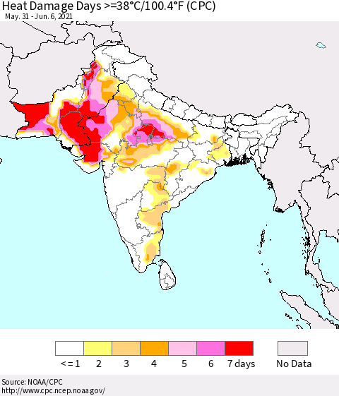 Southern Asia Heat Damage Days >=38°C/100°F (CPC) Thematic Map For 5/31/2021 - 6/6/2021