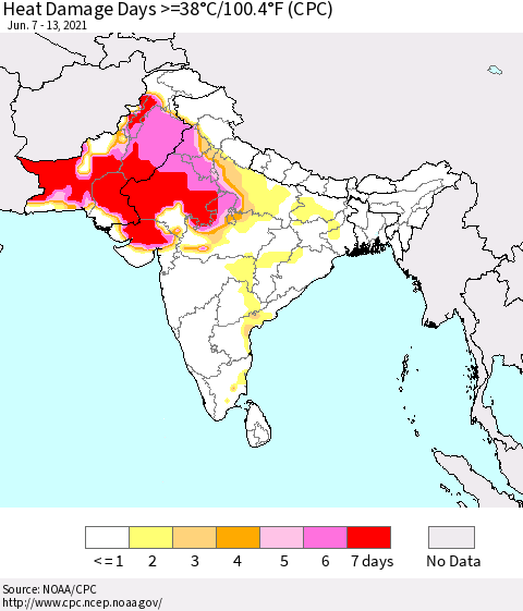 Southern Asia Heat Damage Days >=38°C/100°F (CPC) Thematic Map For 6/7/2021 - 6/13/2021
