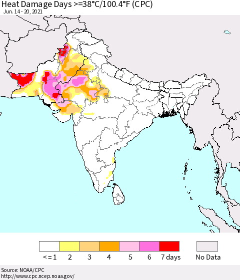 Southern Asia Heat Damage Days >=38°C/100°F (CPC) Thematic Map For 6/14/2021 - 6/20/2021
