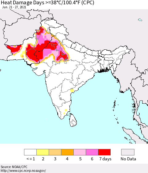 Southern Asia Heat Damage Days >=38°C/100°F (CPC) Thematic Map For 6/21/2021 - 6/27/2021