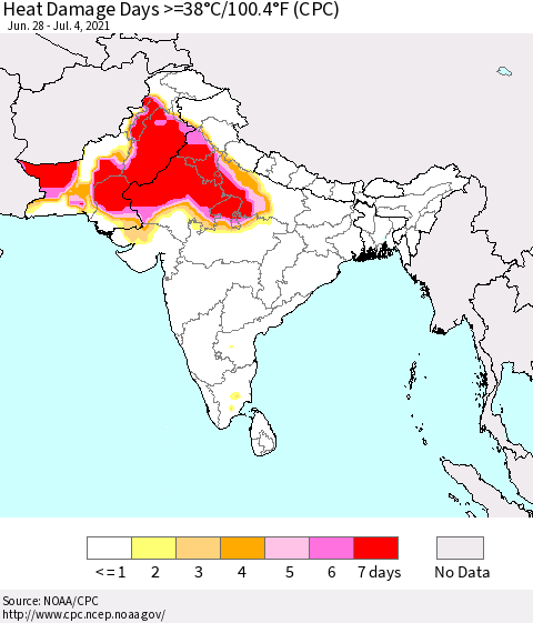 Southern Asia Heat Damage Days >=38°C/100°F (CPC) Thematic Map For 6/28/2021 - 7/4/2021