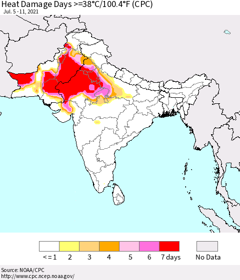 Southern Asia Heat Damage Days >=38°C/100°F (CPC) Thematic Map For 7/5/2021 - 7/11/2021