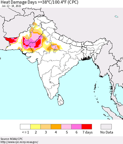 Southern Asia Heat Damage Days >=38°C/100°F (CPC) Thematic Map For 7/12/2021 - 7/18/2021