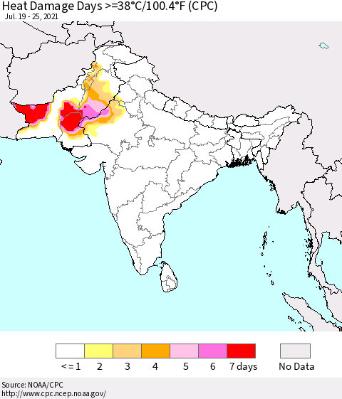 Southern Asia Heat Damage Days >=38°C/100°F (CPC) Thematic Map For 7/19/2021 - 7/25/2021