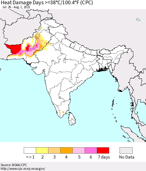 Southern Asia Heat Damage Days >=38°C/100°F (CPC) Thematic Map For 7/26/2021 - 8/1/2021