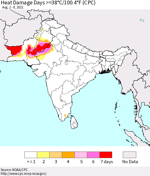 Southern Asia Heat Damage Days >=38°C/100°F (CPC) Thematic Map For 8/2/2021 - 8/8/2021