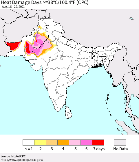 Southern Asia Heat Damage Days >=38°C/100°F (CPC) Thematic Map For 8/16/2021 - 8/22/2021