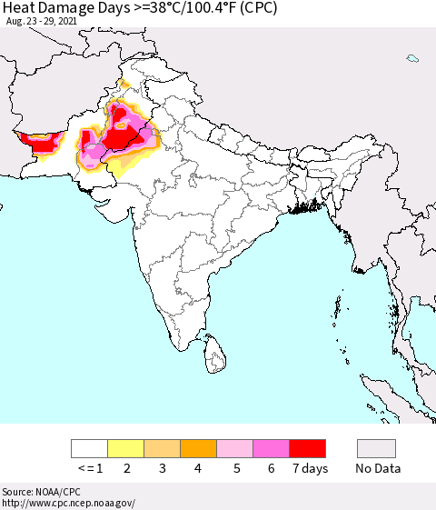 Southern Asia Heat Damage Days >=38°C/100°F (CPC) Thematic Map For 8/23/2021 - 8/29/2021