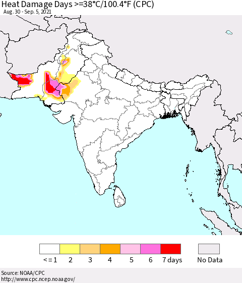 Southern Asia Heat Damage Days >=38°C/100°F (CPC) Thematic Map For 8/30/2021 - 9/5/2021