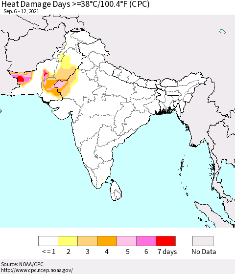Southern Asia Heat Damage Days >=38°C/100°F (CPC) Thematic Map For 9/6/2021 - 9/12/2021