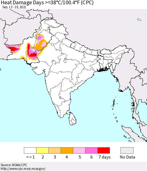Southern Asia Heat Damage Days >=38°C/100°F (CPC) Thematic Map For 9/13/2021 - 9/19/2021