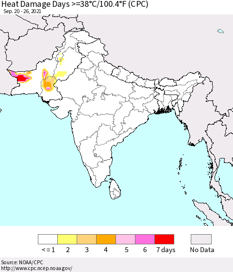 Southern Asia Heat Damage Days >=38°C/100°F (CPC) Thematic Map For 9/20/2021 - 9/26/2021