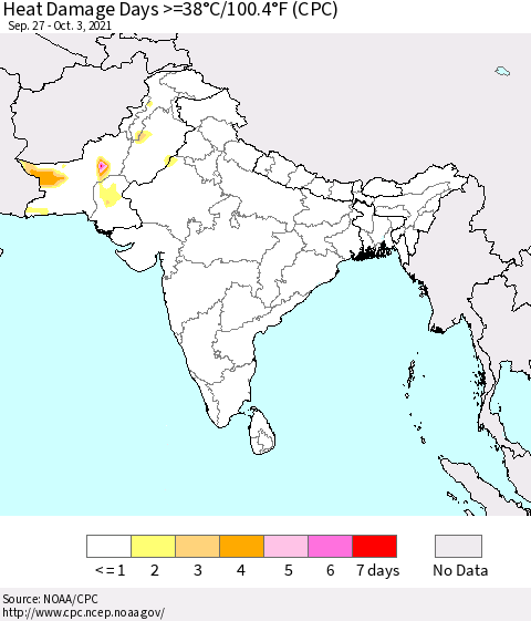 Southern Asia Heat Damage Days >=38°C/100°F (CPC) Thematic Map For 9/27/2021 - 10/3/2021