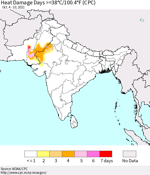 Southern Asia Heat Damage Days >=38°C/100°F (CPC) Thematic Map For 10/4/2021 - 10/10/2021