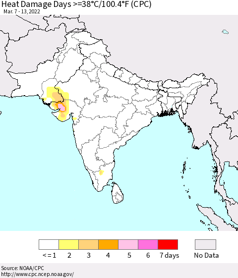 Southern Asia Heat Damage Days >=38°C/100°F (CPC) Thematic Map For 3/7/2022 - 3/13/2022