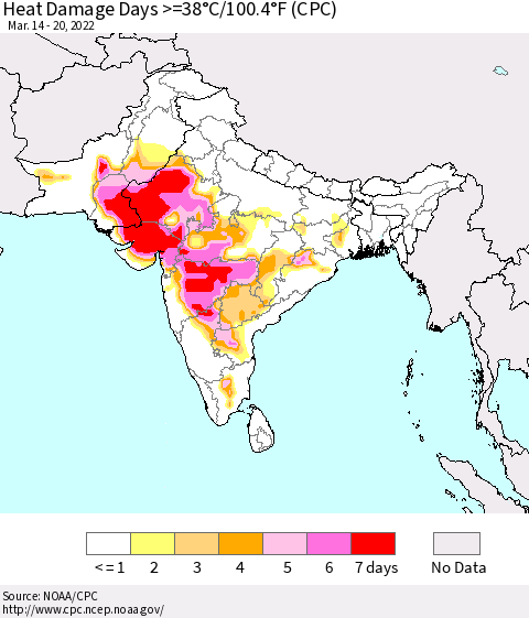 Southern Asia Heat Damage Days >=38°C/100°F (CPC) Thematic Map For 3/14/2022 - 3/20/2022