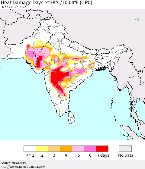 Southern Asia Heat Damage Days >=38°C/100°F (CPC) Thematic Map For 3/21/2022 - 3/27/2022