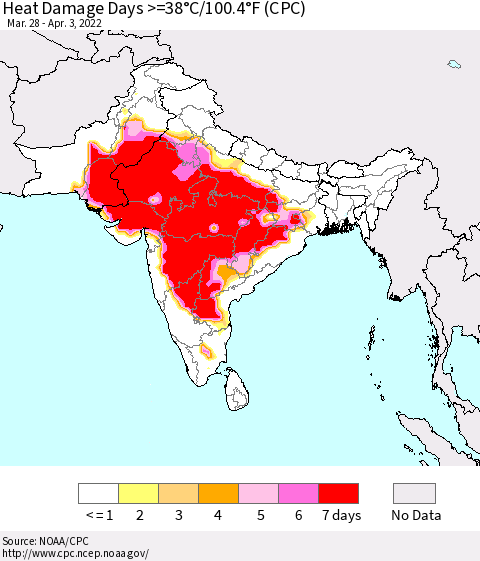 Southern Asia Heat Damage Days >=38°C/100°F (CPC) Thematic Map For 3/28/2022 - 4/3/2022