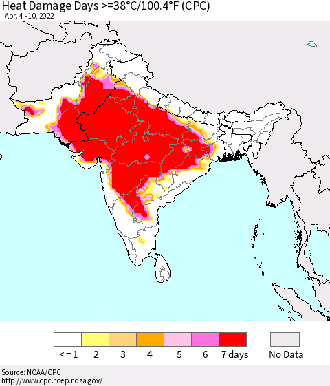 Southern Asia Heat Damage Days >=38°C/100°F (CPC) Thematic Map For 4/4/2022 - 4/10/2022