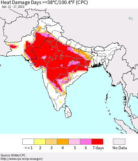 Southern Asia Heat Damage Days >=38°C/100°F (CPC) Thematic Map For 4/11/2022 - 4/17/2022