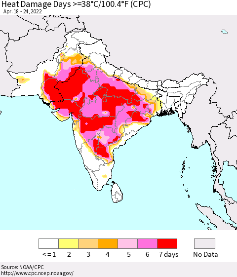 Southern Asia Heat Damage Days >=38°C/100°F (CPC) Thematic Map For 4/18/2022 - 4/24/2022