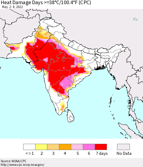 Southern Asia Heat Damage Days >=38°C/100.4°F (CPC) Thematic Map For 5/2/2022 - 5/8/2022