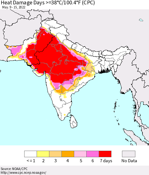 Southern Asia Heat Damage Days >=38°C/100°F (CPC) Thematic Map For 5/9/2022 - 5/15/2022