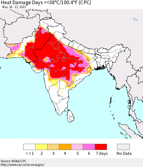 Southern Asia Heat Damage Days >=38°C/100.4°F (CPC) Thematic Map For 5/16/2022 - 5/22/2022