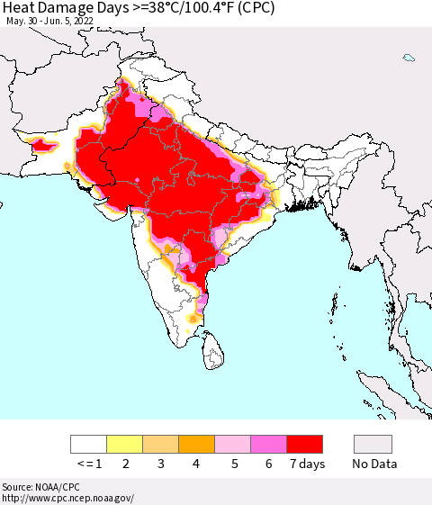 Southern Asia Heat Damage Days >=38°C/100°F (CPC) Thematic Map For 5/30/2022 - 6/5/2022