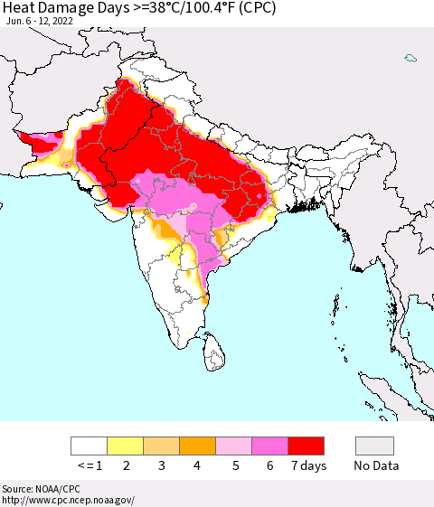 Southern Asia Heat Damage Days >=38°C/100.4°F (CPC) Thematic Map For 6/6/2022 - 6/12/2022