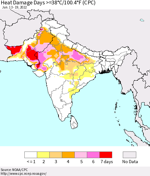 Southern Asia Heat Damage Days >=38°C/100.4°F (CPC) Thematic Map For 6/13/2022 - 6/19/2022