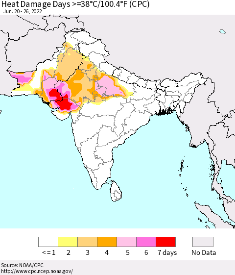 Southern Asia Heat Damage Days >=38°C/100°F (CPC) Thematic Map For 6/20/2022 - 6/26/2022