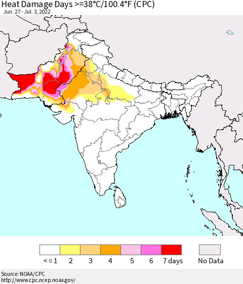 Southern Asia Heat Damage Days >=38°C/100°F (CPC) Thematic Map For 6/27/2022 - 7/3/2022