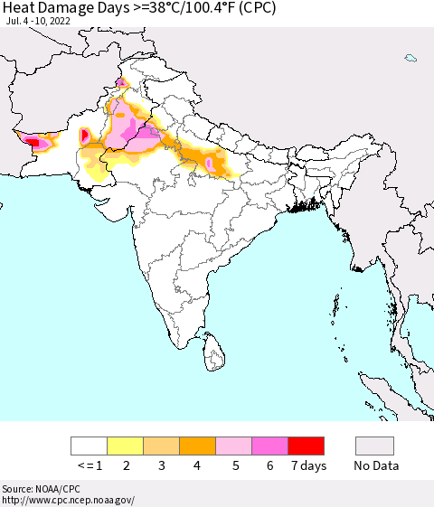 Southern Asia Heat Damage Days >=38°C/100.4°F (CPC) Thematic Map For 7/4/2022 - 7/10/2022