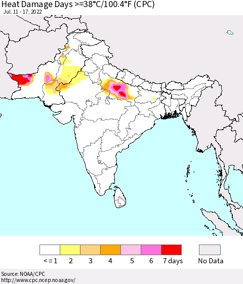 Southern Asia Heat Damage Days >=38°C/100.4°F (CPC) Thematic Map For 7/11/2022 - 7/17/2022
