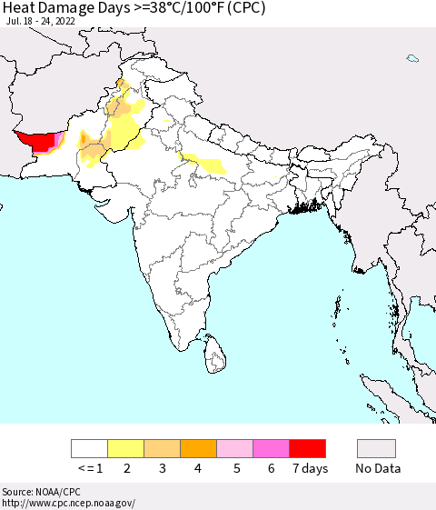 Southern Asia Heat Damage Days >=38°C/100°F (CPC) Thematic Map For 7/18/2022 - 7/24/2022